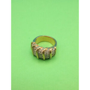Crystal Pave Cocktail Ring Gold Tone Wide Dome Style Band Diagonal Ribbed Accent